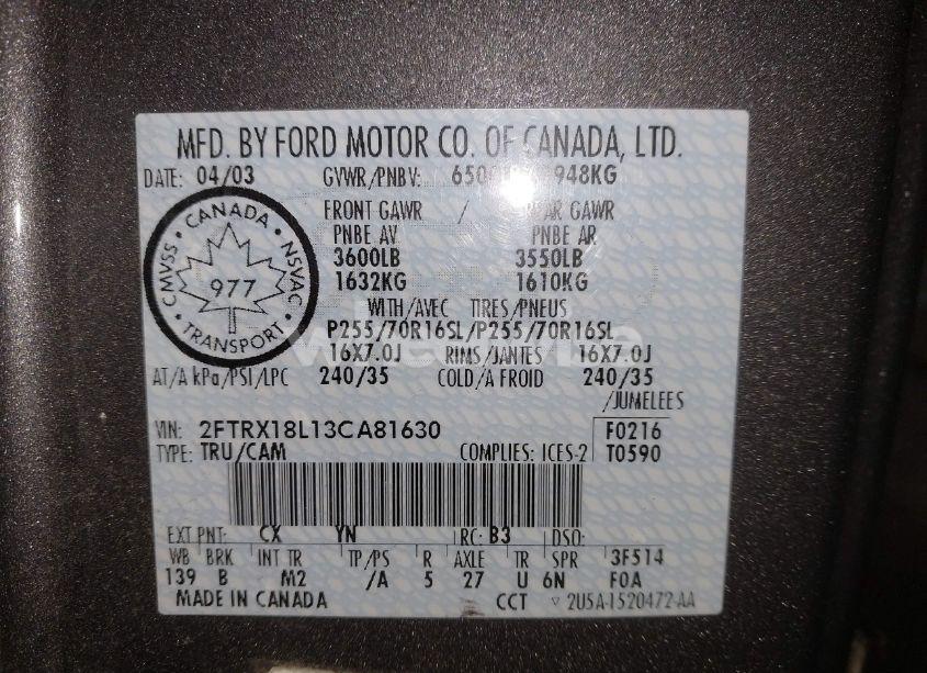 Photo 9 of 2003 Ford F-150 LARIAT/XL/XLT (VIN 2FTRX18L13CA81630)