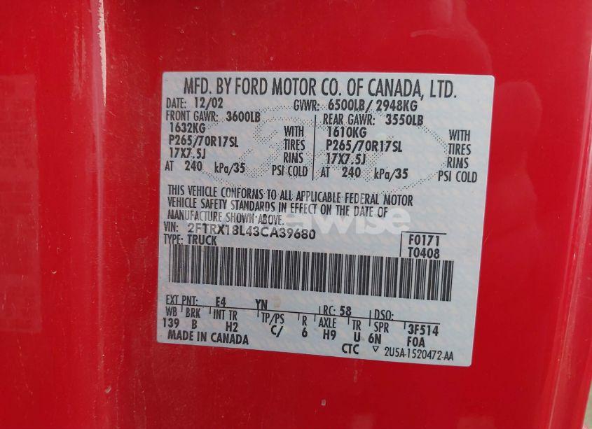 Photo 9 of 2003 Ford F-150 LARIAT/XL/XLT (VIN 2FTRX18L43CA39680)