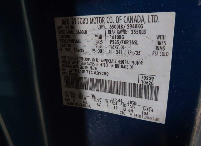 Photo 9 of 2001 Ford F-150 LARIAT/XL/XLT (VIN 2FTRX18L71CA89289)