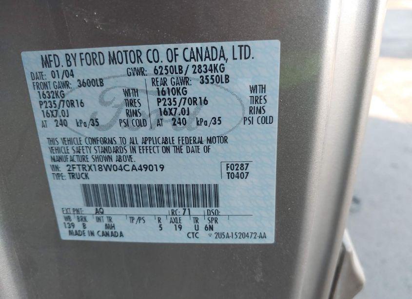 Photo 9 of 2004 Ford F-150 HERITAGE XL/XLT (VIN 2FTRX18W04CA49019)