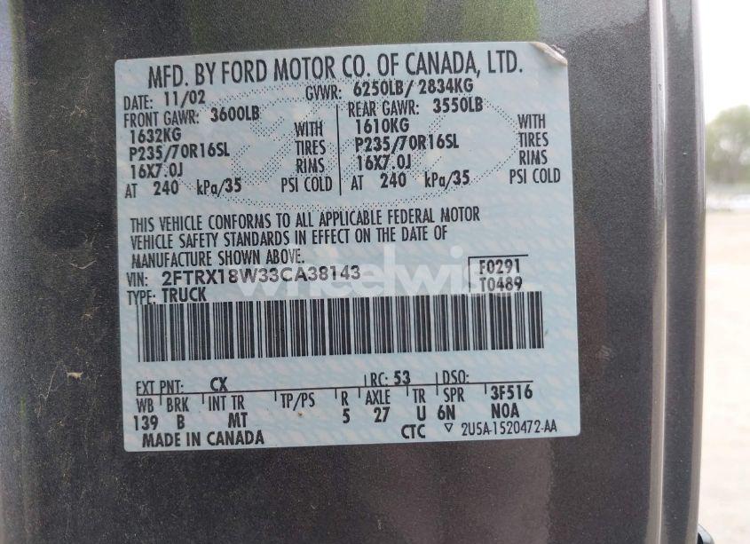 Photo 9 of 2003 Ford F-150 LARIAT/XL/XLT (VIN 2FTRX18W33CA38143)