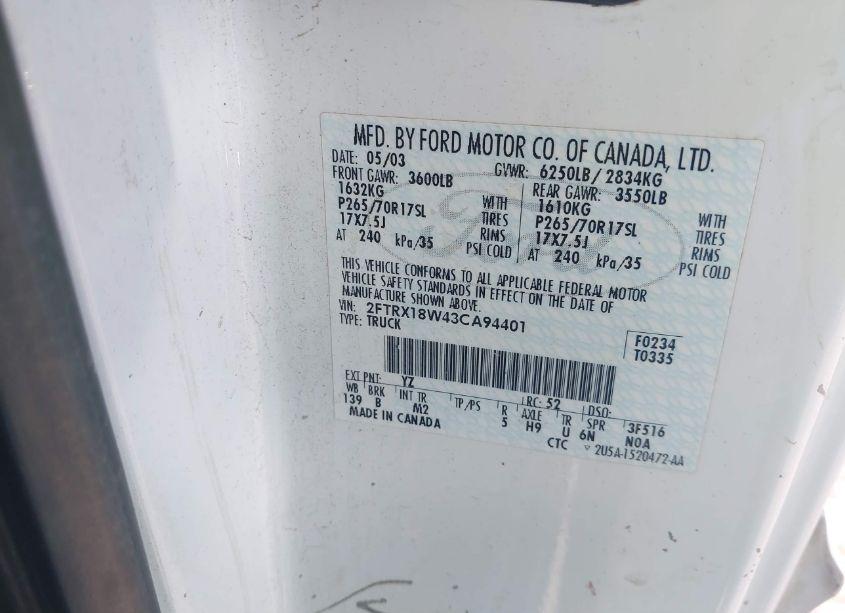 Photo 9 of 2003 Ford F-150 LARIAT/XL/XLT (VIN 2FTRX18W43CA94401)