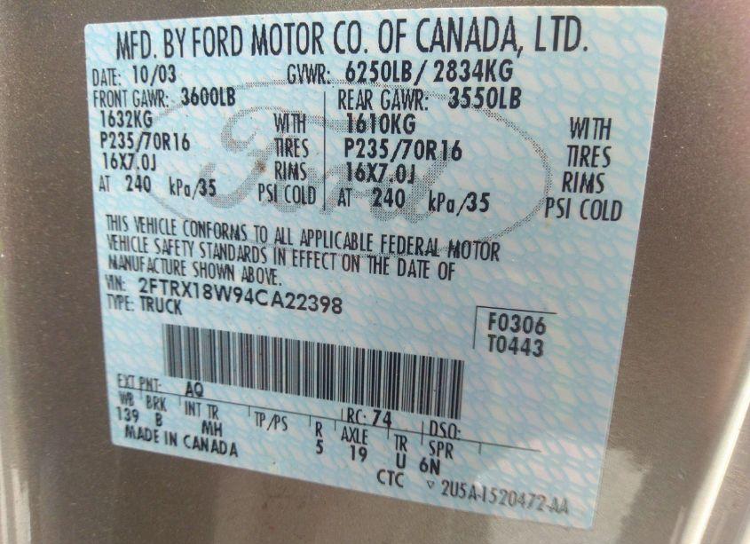 Photo 9 of 2004 Ford F-150 HERITAGE XL/XLT (VIN 2FTRX18W94CA22398)