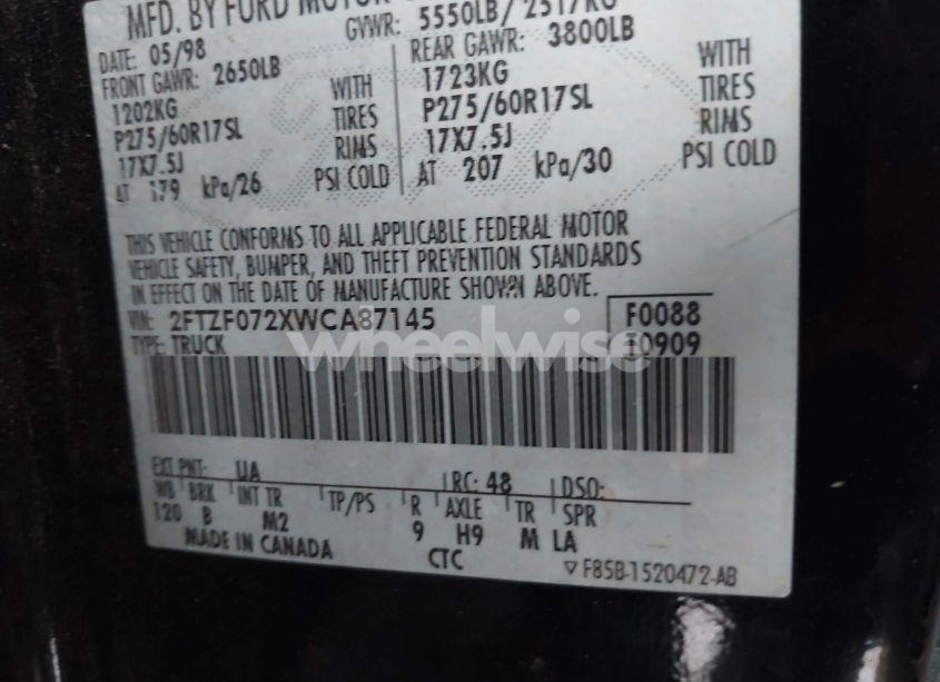 Photo 9 of 1998 Ford F-150 XL/XLT (VIN 2FTZF072XWCA87145)