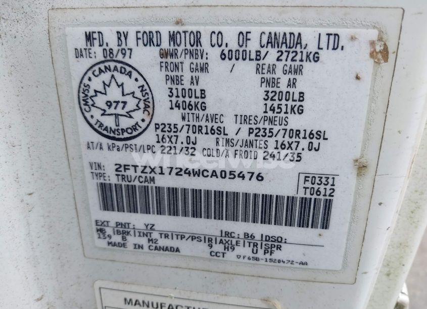 Photo 9 of 1998 Ford F-150 STANDARD/XL/XLT (VIN 2FTZX1724WCA05476)