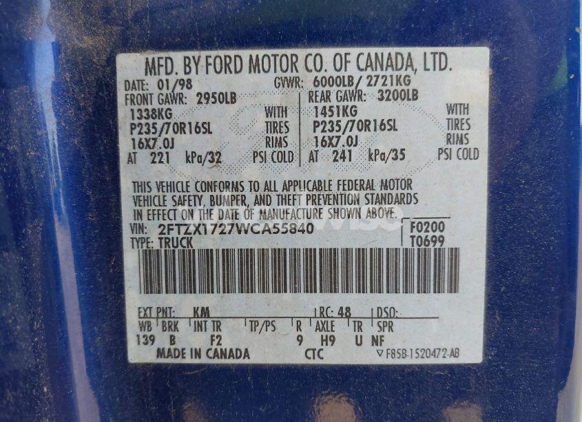 Photo 9 of 1998 Ford F-150 STANDARD/XL/XLT (VIN 2FTZX1727WCA55840)