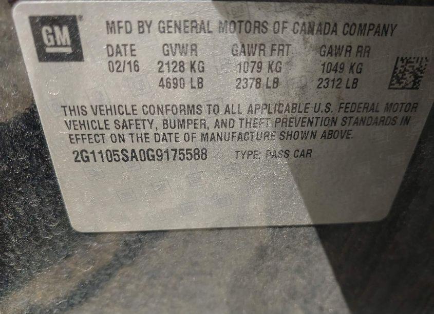 Photo 9 of 2016 Chevrolet Impala 1LT (VIN 2G1105SA0G9175588)