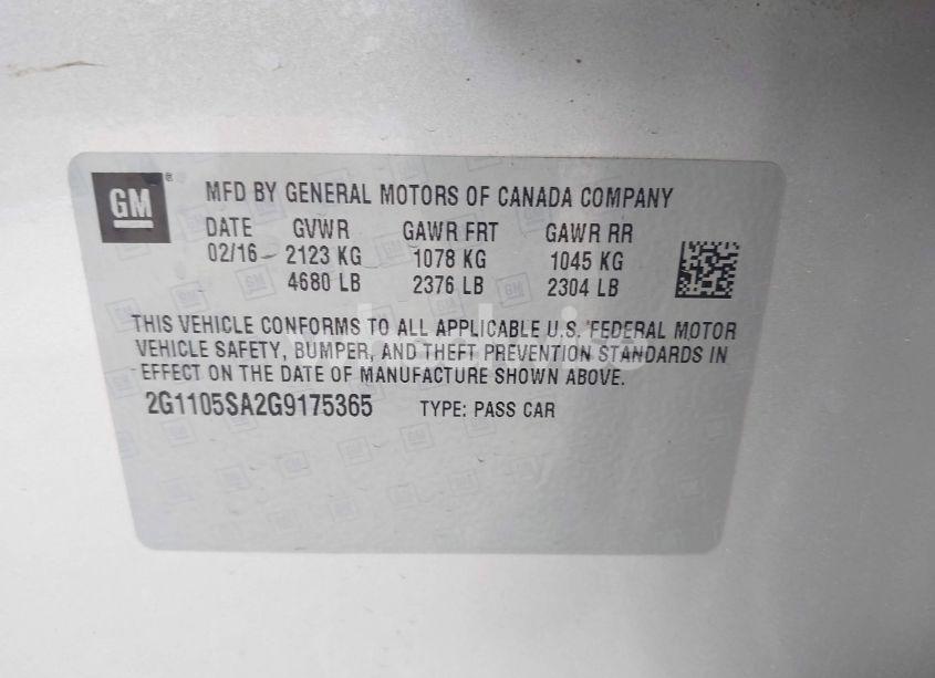 Photo 9 of 2016 Chevrolet Impala 1LT (VIN 2G1105SA2G9175365)