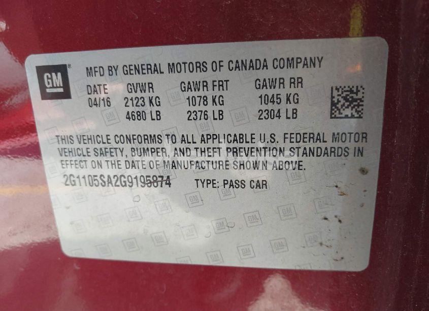 Photo 9 of 2016 Chevrolet Impala 1LT (VIN 2G1105SA2G9195874)