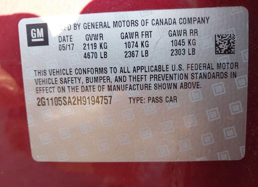 Photo 9 of 2017 Chevrolet Impala 1LT (VIN 2G1105SA2H9194757)