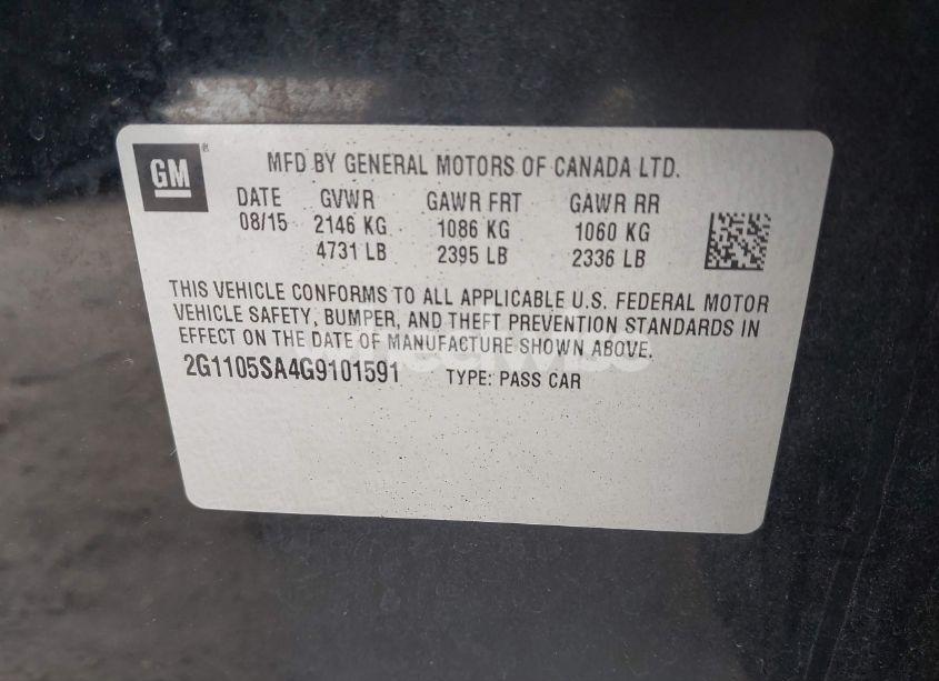 Photo 9 of 2016 Chevrolet Impala 1LT (VIN 2G1105SA4G9101591)