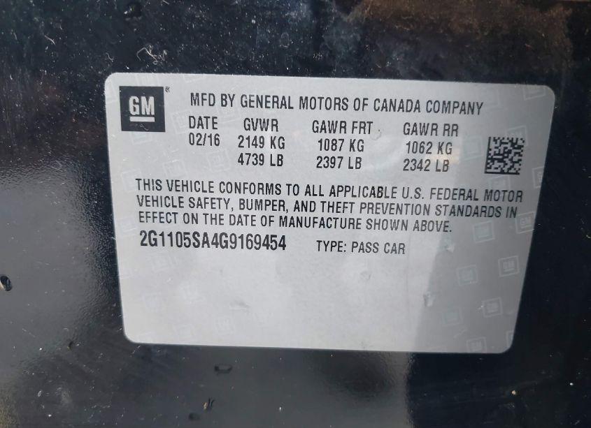 Photo 9 of 2016 Chevrolet Impala 1LT (VIN 2G1105SA4G9169454)