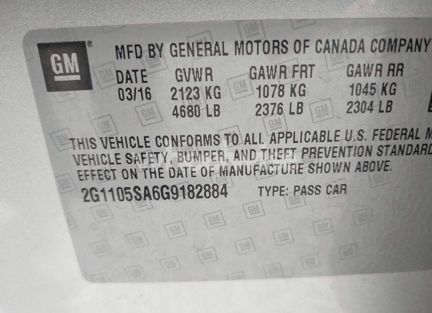 Photo 9 of 2016 Chevrolet Impala 1LT (VIN 2G1105SA6G9182884)