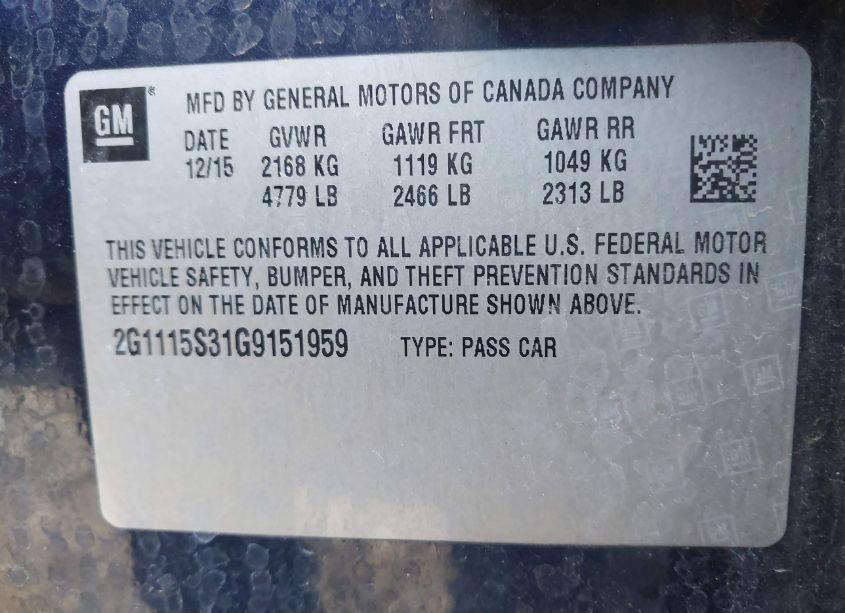 Photo 9 of 2016 Chevrolet Impala 2LT (VIN 2G1115S31G9151959)