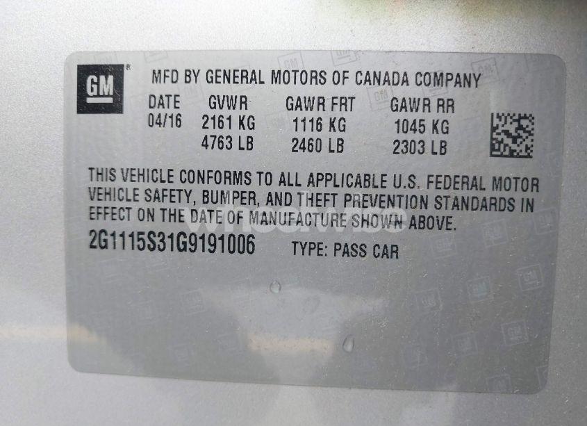 Photo 9 of 2016 Chevrolet Impala 2LT (VIN 2G1115S31G9191006)