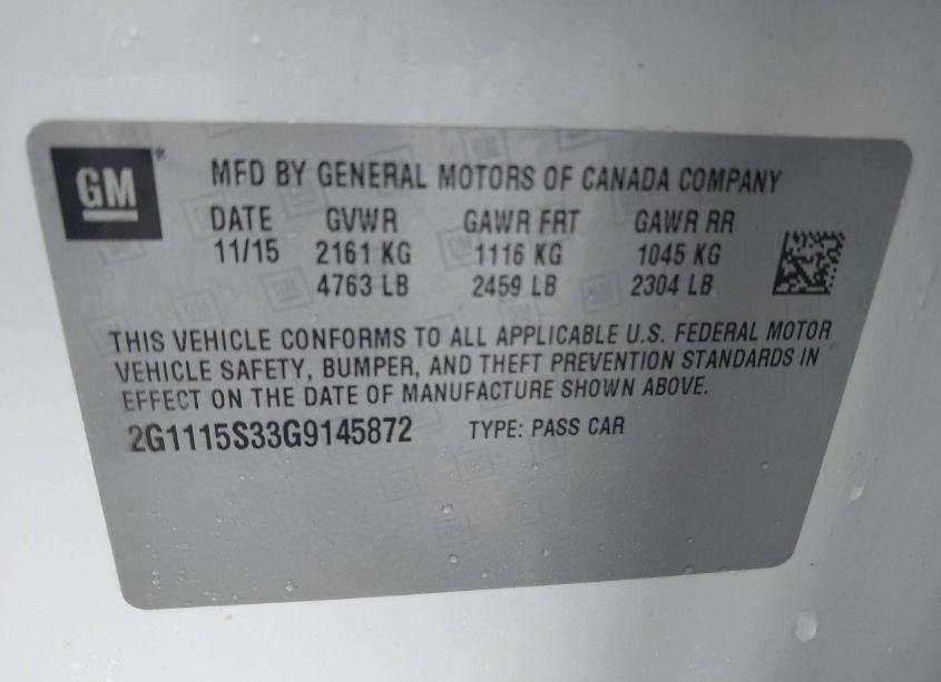 Photo 9 of 2016 Chevrolet Impala 2LT (VIN 2G1115S33G9145872)