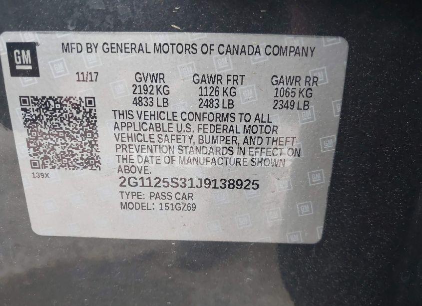 Photo 9 of 2018 Chevrolet Impala 2LZ (VIN 2G1125S31J9138925)