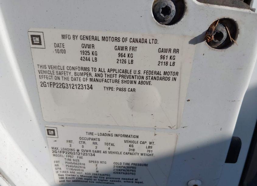 Photo 9 of 2001 Chevrolet Camaro Z28 (VIN 2G1FP22G312123134)