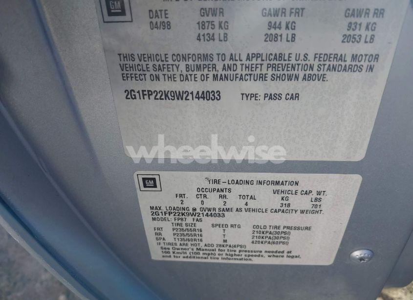 Photo 9 of 1998 Chevrolet Camaro (VIN 2G1FP22K9W2144033)