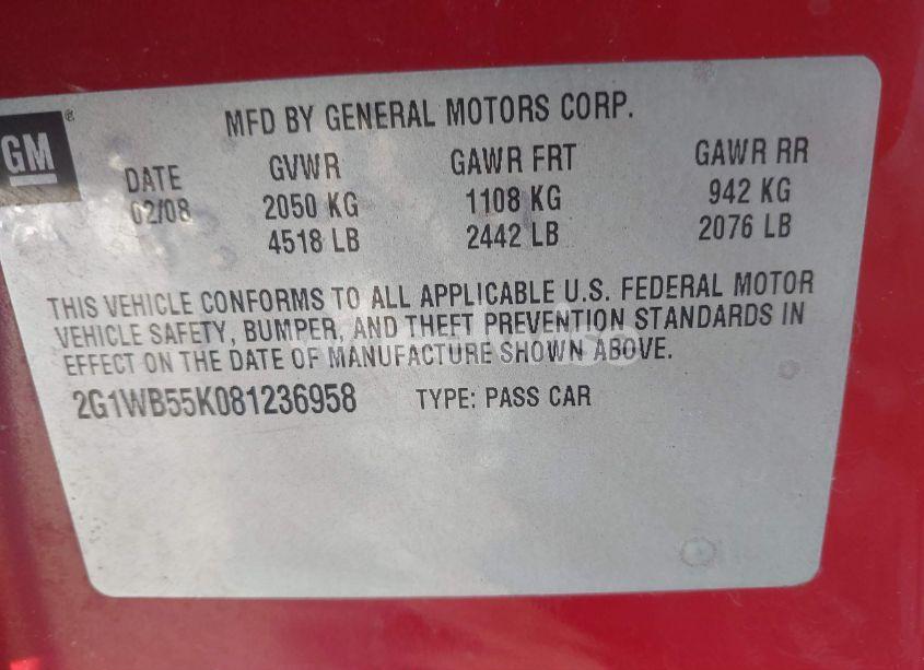 Photo 9 of 2008 Chevrolet Impala LS (VIN 2G1WB55K081236958)