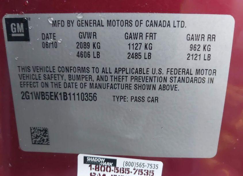 Photo 9 of 2011 Chevrolet Impala LT (VIN 2G1WB5EK1B1110356)