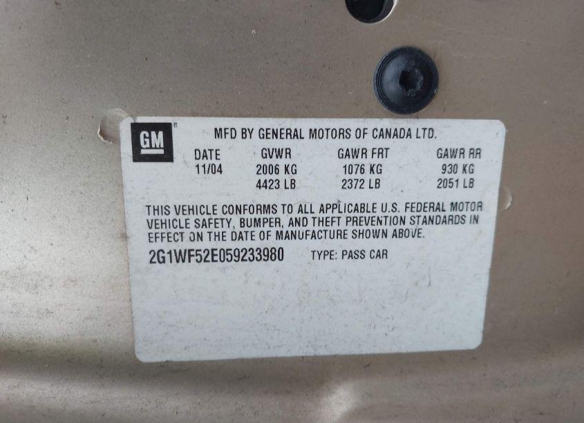 Photo 9 of 2005 Chevrolet Impala (VIN 2G1WF52E059233980)