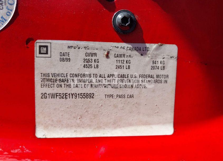 Photo 9 of 2000 Chevrolet Impala (VIN 2G1WF52E1Y9155892)