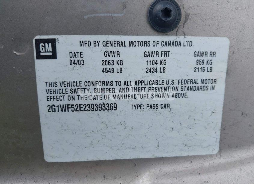 Photo 9 of 2003 Chevrolet Impala (VIN 2G1WF52E239393369)