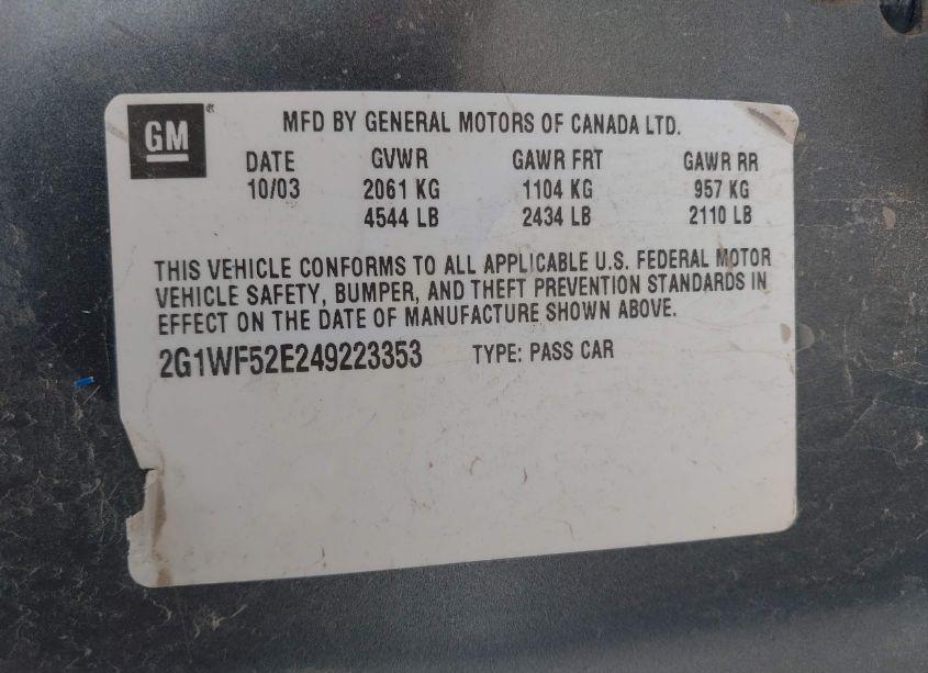 Photo 9 of 2004 Chevrolet Impala (VIN 2G1WF52E249223353)