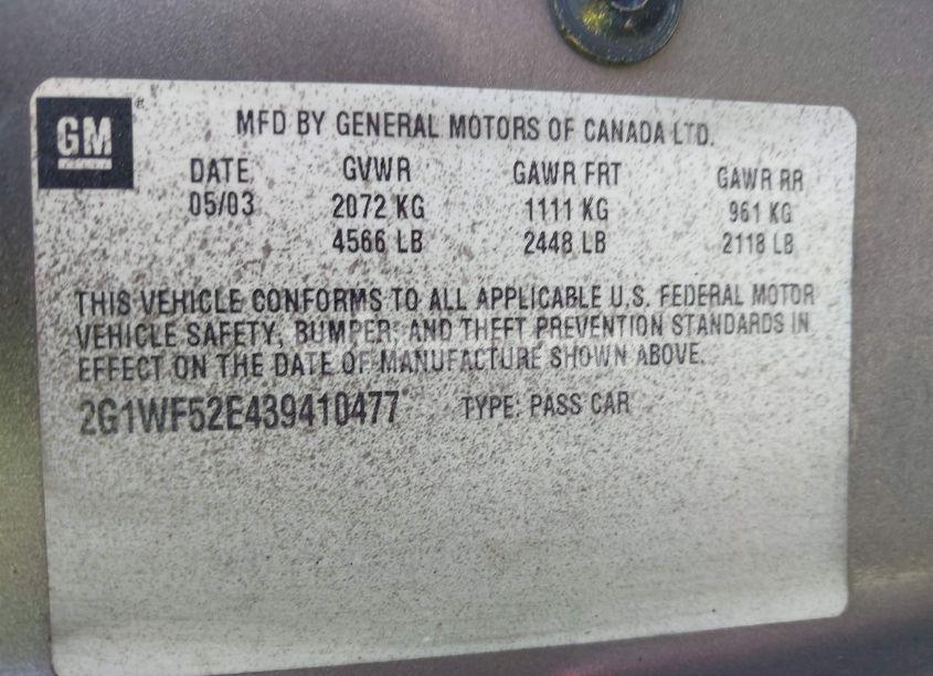 Photo 9 of 2003 Chevrolet Impala (VIN 2G1WF52E439410477)