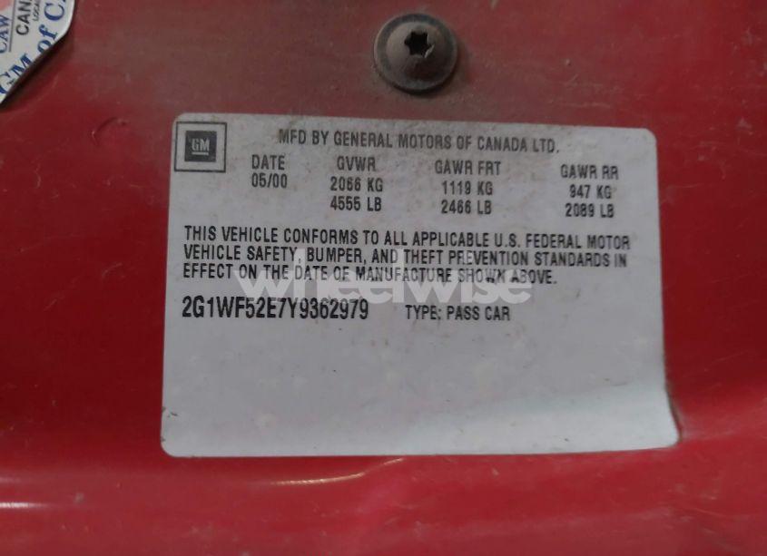 Photo 9 of 2000 Chevrolet Impala (VIN 2G1WF52E7Y9362979)