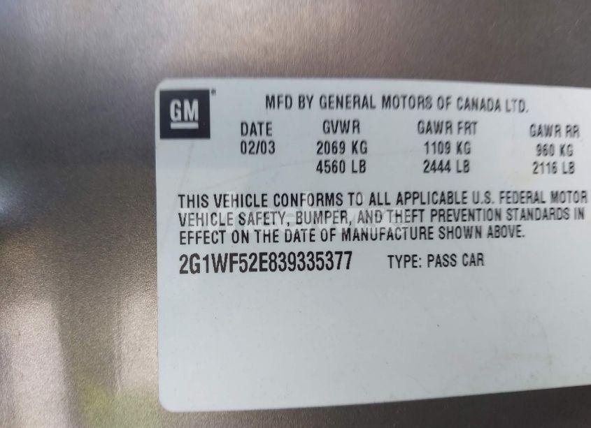 Photo 9 of 2003 Chevrolet Impala (VIN 2G1WF52E839335377)