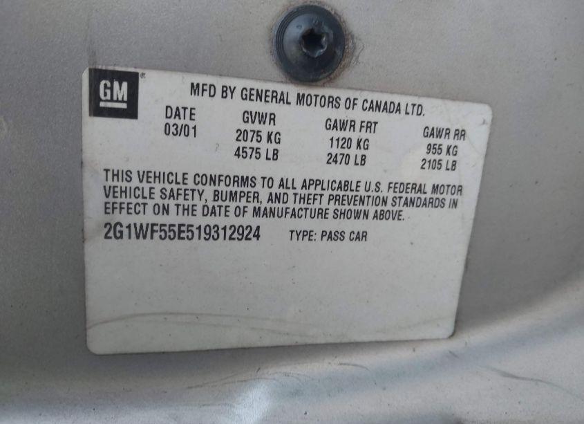 Photo 9 of 2001 Chevrolet Impala (VIN 2G1WF55E519312924)