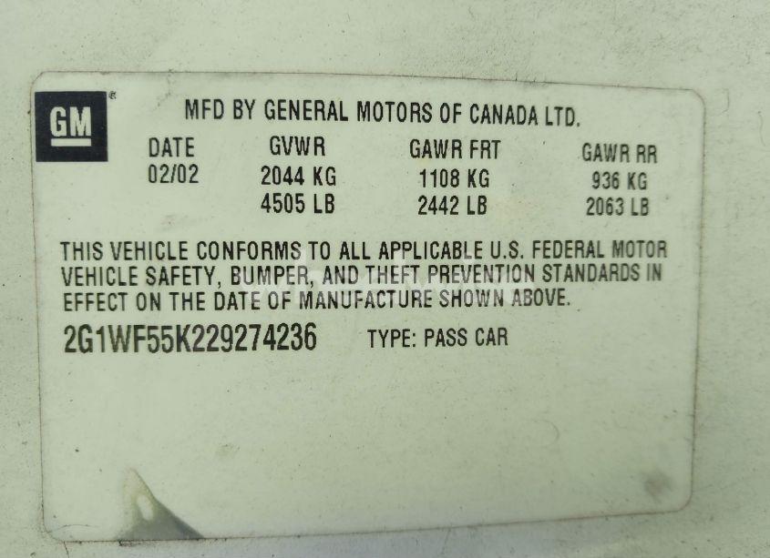 Photo 9 of 2002 Chevrolet Impala POLICE (VIN 2G1WF55K229274236)