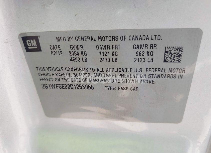 Photo 9 of 2012 Chevrolet Impala LS (VIN 2G1WF5E30C1253068)