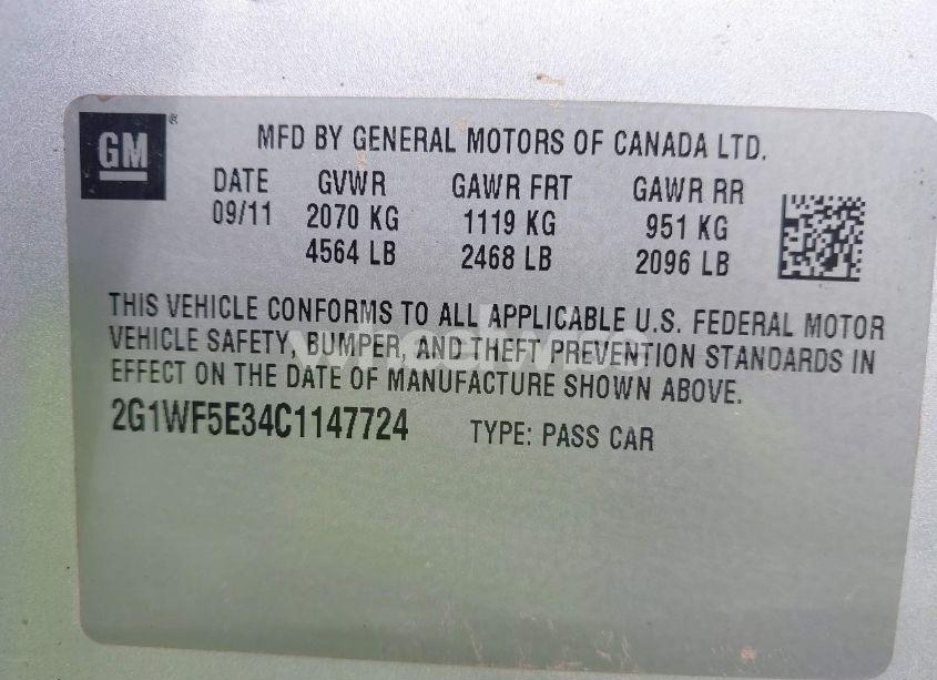 Photo 9 of 2012 Chevrolet Impala LS (VIN 2G1WF5E34C1147724)