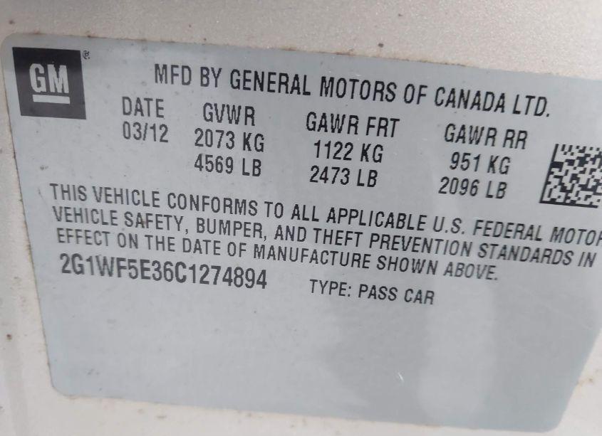 Photo 9 of 2012 Chevrolet Impala LS (VIN 2G1WF5E36C1274894)