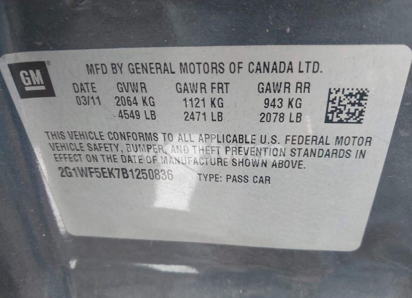 Photo 9 of 2011 Chevrolet Impala LS (VIN 2G1WF5EK7B1250836)