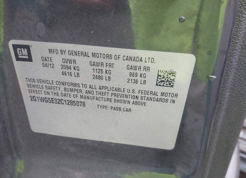 Photo 9 of 2012 Chevrolet Impala LT (VIN 2G1WG5E32C1285078)