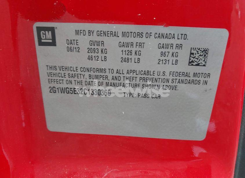 Photo 9 of 2012 Chevrolet Impala LT (VIN 2G1WG5E32C1330360)