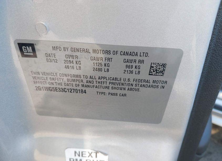 Photo 9 of 2012 Chevrolet Impala LT (VIN 2G1WG5E33C1270184)