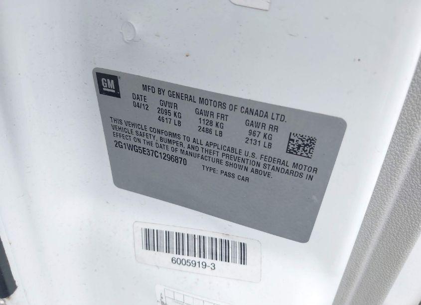 Photo 9 of 2012 Chevrolet Impala LT (VIN 2G1WG5E37C1296870)