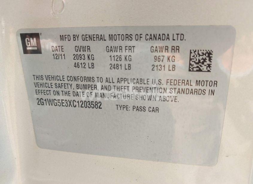 Photo 9 of 2012 Chevrolet Impala LT (VIN 2G1WG5E3XC1203582)