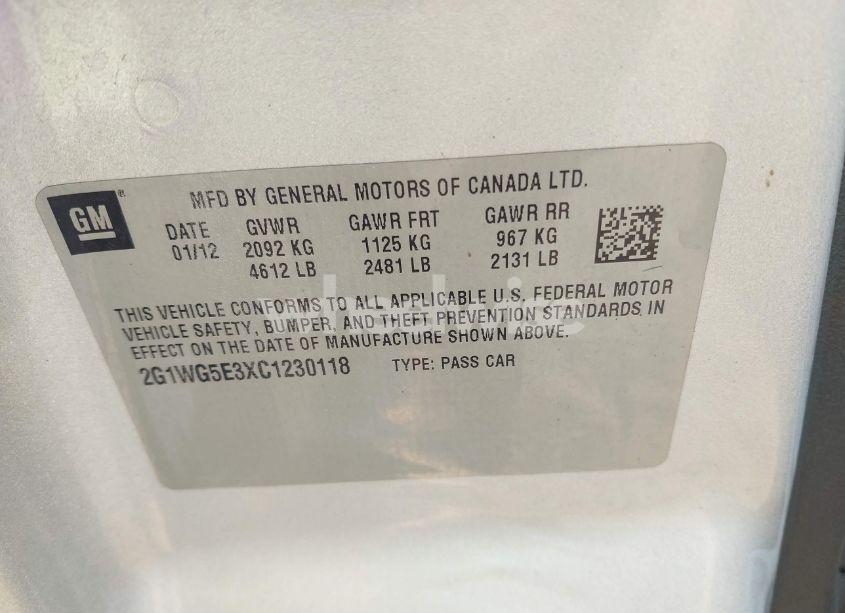 Photo 9 of 2012 Chevrolet Impala LT FLEET (VIN 2G1WG5E3XC1230118)