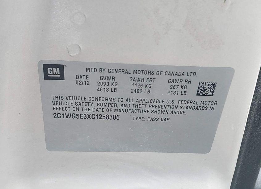 Photo 9 of 2012 Chevrolet Impala LT FLEET (VIN 2G1WG5E3XC1258386)