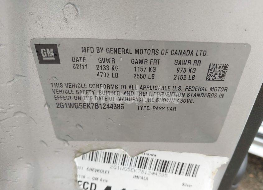 Photo 9 of 2011 Chevrolet Impala LT (VIN 2G1WG5EK7B1244385)