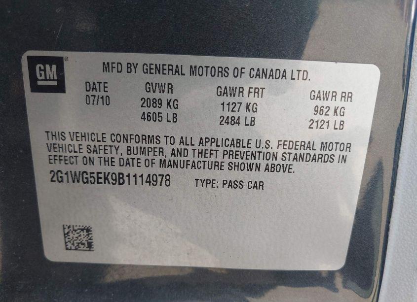 Photo 9 of 2011 Chevrolet Impala LT (VIN 2G1WG5EK9B1114978)