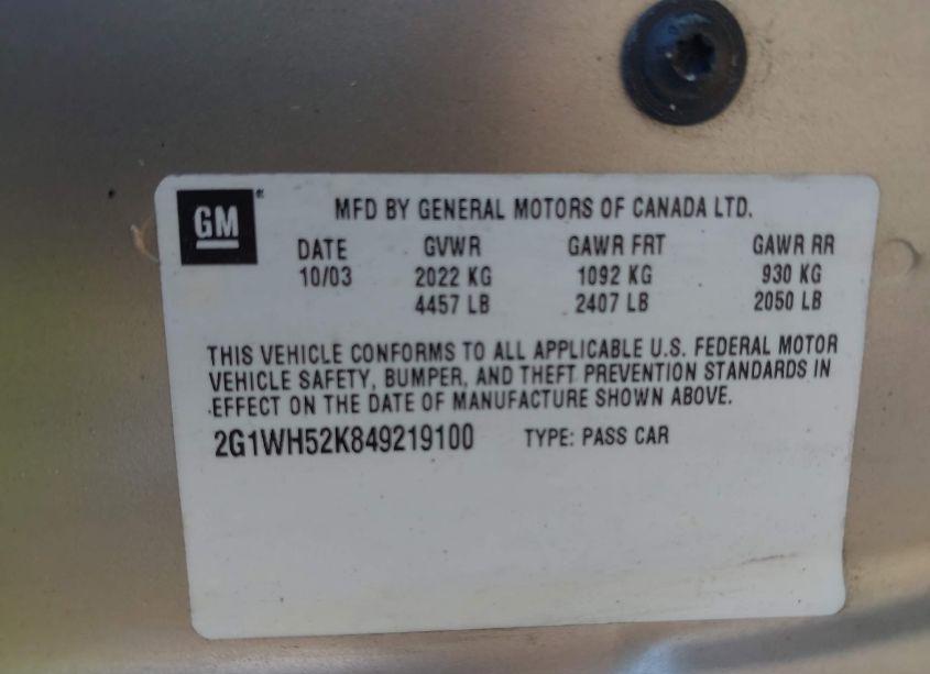 Photo 9 of 2004 Chevrolet Impala LS (VIN 2G1WH52K849219100)