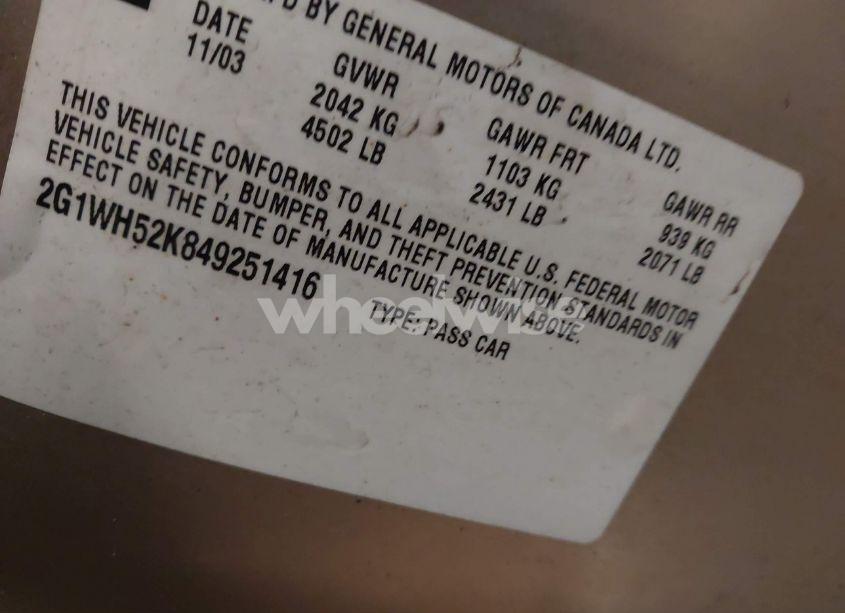 Photo 9 of 2004 Chevrolet Impala LS (VIN 2G1WH52K849251416)