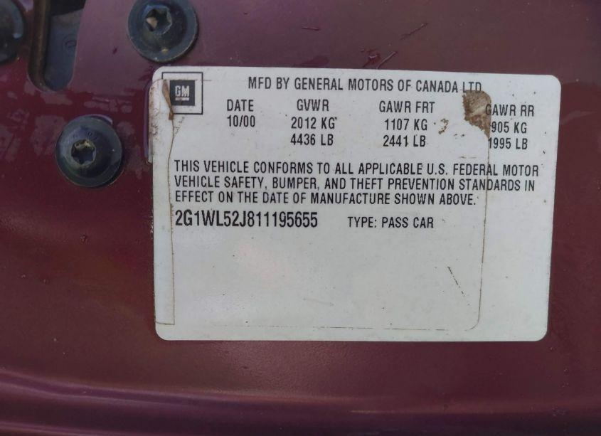 Photo 9 of 2001 Chevrolet Lumina (VIN 2G1WL52J811195655)